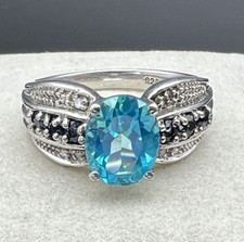 Vintage Sterling Silver Swiss  London Blue Topaz Diamond Accents Ring Size 6.75