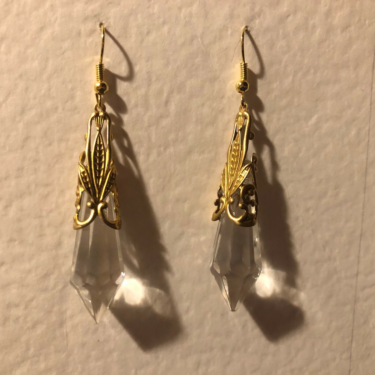 EGYPTIAN REVIVAL ART DECO STYLE CLEAR GLASS EARRINGS BRASS