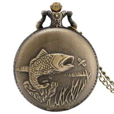 Vintage Big Fish Pocket Watch Necklace Fob Chain Fishing Angling  Men Women Gift
