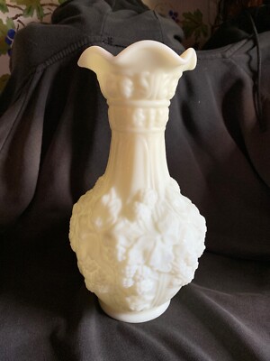 Imperial Loganberry Ivory Satin Milk Glass Flower Vase USA Ohio 1950 s 10 