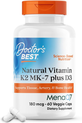 Natural Vitamin K2 with MK-7, 180Mcg plus D3 1000IU, Non-Gmo, Gluten Free, Veget