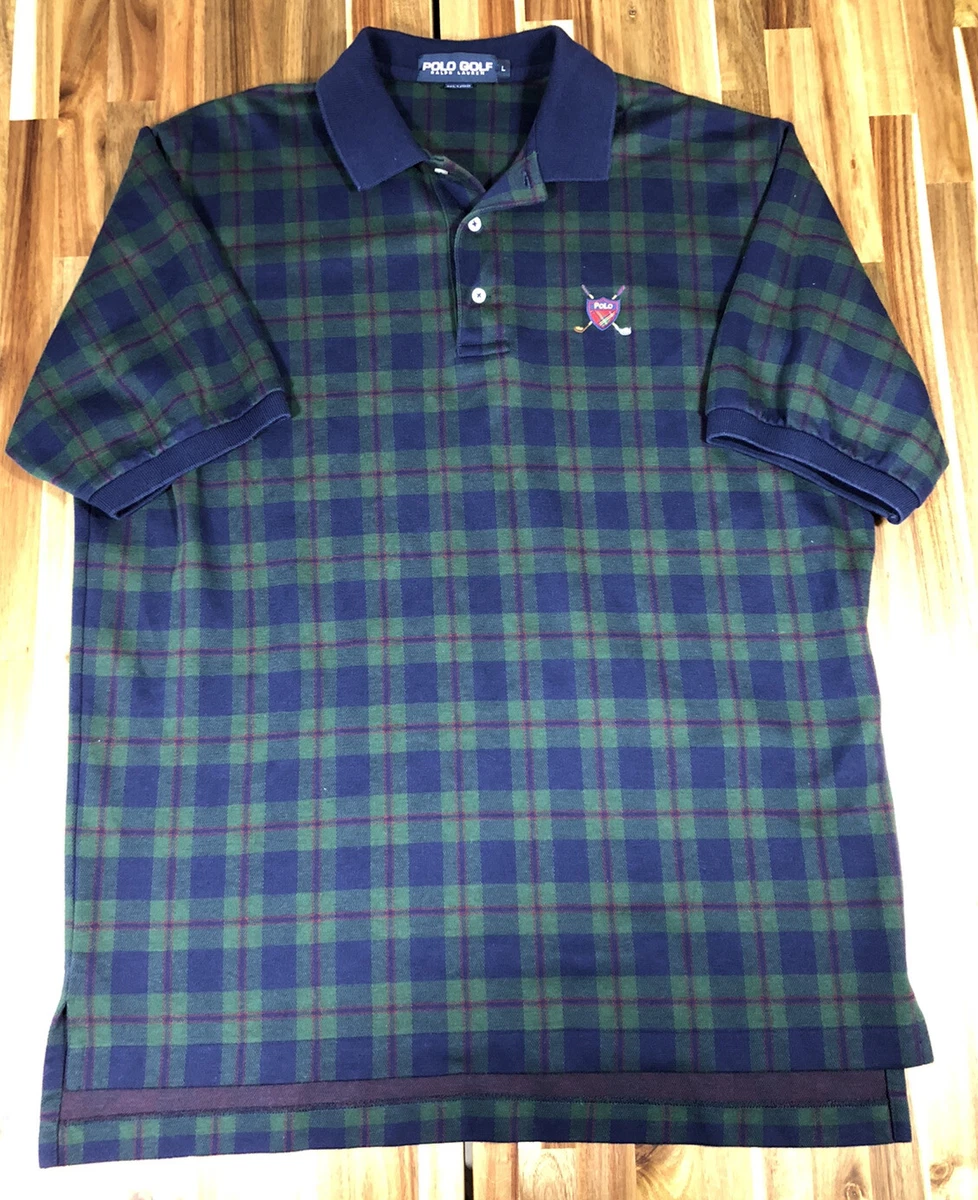 POLO GOLF Ralph Lauren Golf Shirt Tartan Plaid With Crest L Short Sleeve