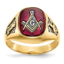 10K Yellow Gold with Black Enamel & Lab Created Ruby Masonic Men's Ring Size 10