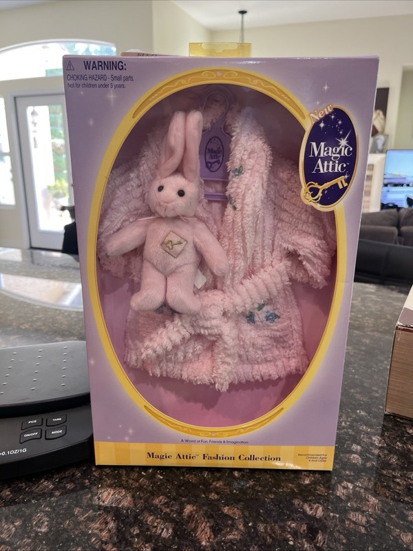 New In Box Magic Attic Club Boxed Doll Fluffy Pink Robe & Rabbit “”Cozy Nights”
