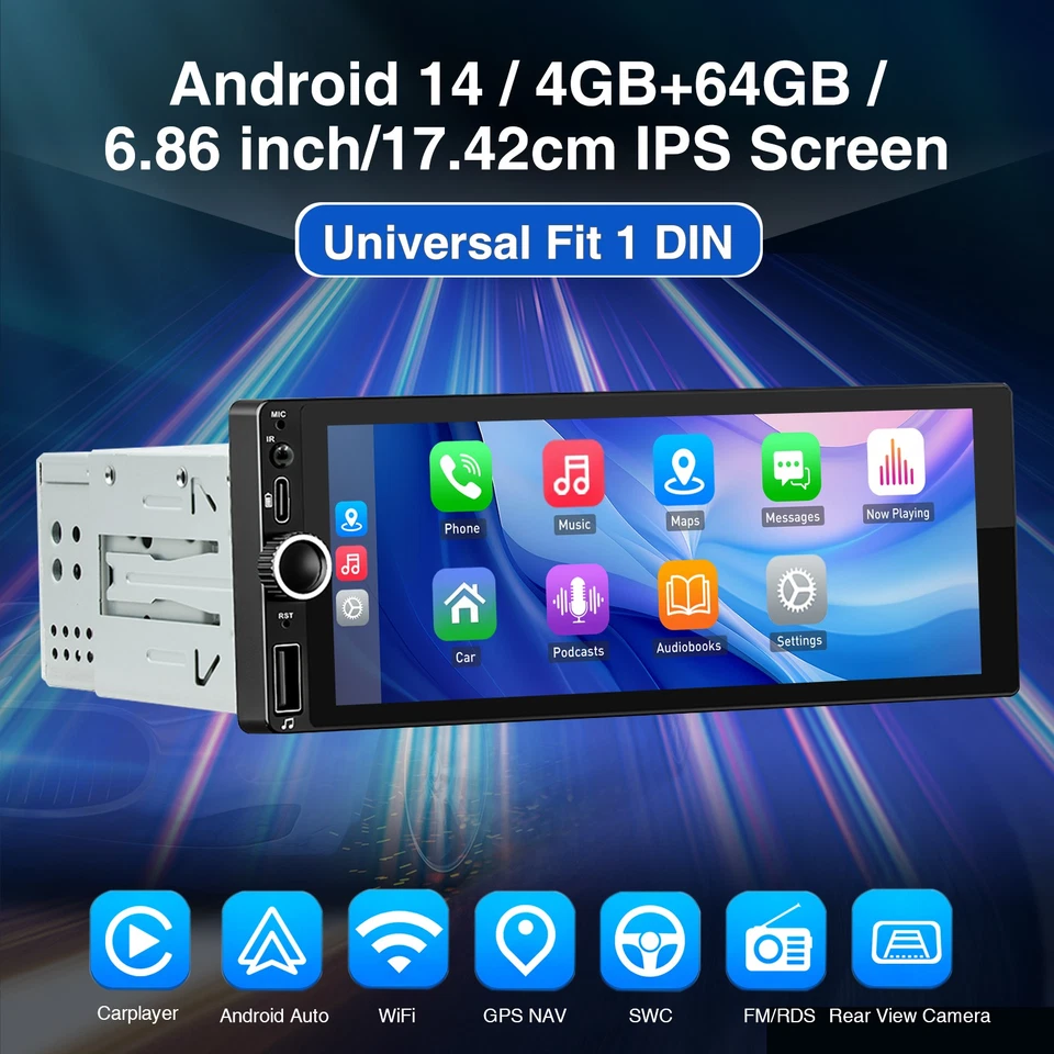 Autoradio 6.86" 1 DIN Android 14 Carplay GPS Navi RDS Mit Bluetooth WIFI 4+64G - Bild 3 von 4