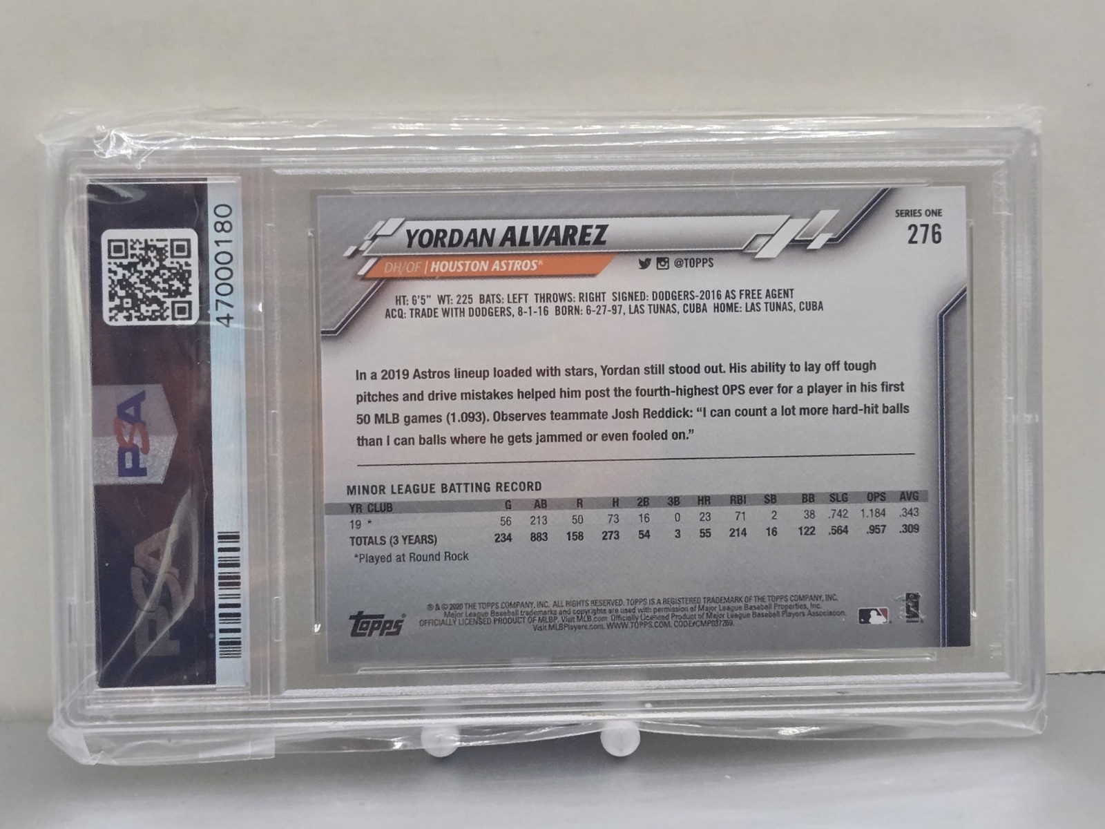 2020 Topps - Yordan Alvarez #276 Orange Jersey (RC) PSA 10 view 2
