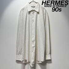 HERMES H Logo Pattern Long Sleeve Shirt Tops Men Size 40 White Beige 90s