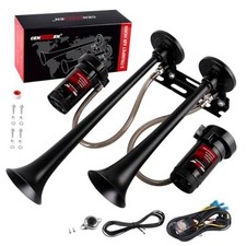 Dual 2-Trumpet Metal Air Horn for Truck Kit - 2 Air - Black with Button