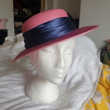Vtg  80s Boater Hat Rose Pink Blue Satin New
