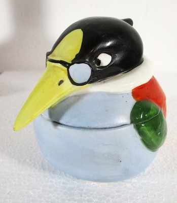 EARLY 20TH C GERMAN PROFESSOR BIRD W/EYEGLASSES COVERED JAR, BRIGHT COLORS