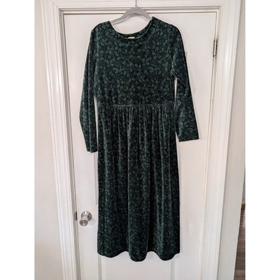 LL Bean Women's Green Velvet Long Sleeve Floral Midi Dress 10 vintage Gothic