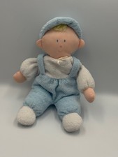 Vintage Eden Toys Baby Boy Doll 11  Blue White Terry Cloth Plush Lovey Yarn Hair