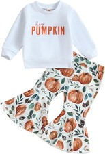 Baby Girl Halloween Outfit Pumpkin Pie Crewneck Sweatshirt Shirt Bell-Bottom