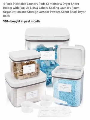 Laundry Pods Container & Dryer Sheet Holder, Large Powder Detergent Labels & Lid
