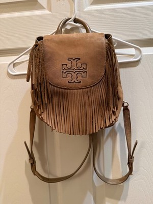 TORY BURCH HARPER MINI BACKPACK BROWN SUEDE FRINGE LEATHER 