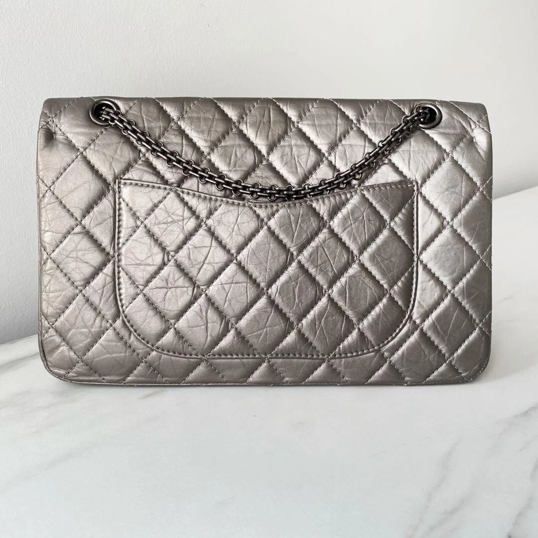 Chanel 2.55 Reissue 227 Maxi Shoulder Bag Metallic Grey Aged Calfskin  Leather