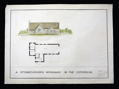 ORIGINAL ARCHITEKTURZEICHNUNG 1947 Cotswold Steinmetzwerkstatt 76 x 56 cm