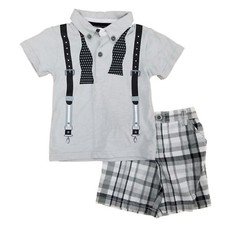 Infant Toddler Boys 2-Piece Suspender Polo Shirt Plaid Shorts Set