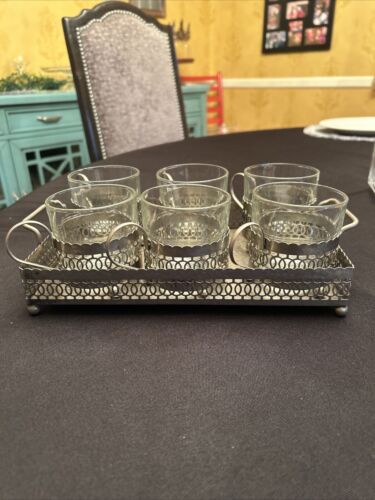 Vtg Duralex coffee glass cup set of 6 with metal frame with serving tray - Picture 2 of 12