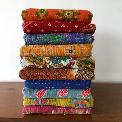 Lot 10 Pcs Single Vintage Quilt Bed Runner Kantha Vintage Bedspread Cotton - Picture 3 of 5