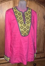 TORY BURCH Pink Thick Linen Boho Tunic Top Mirror Embroidered Accents Size 10