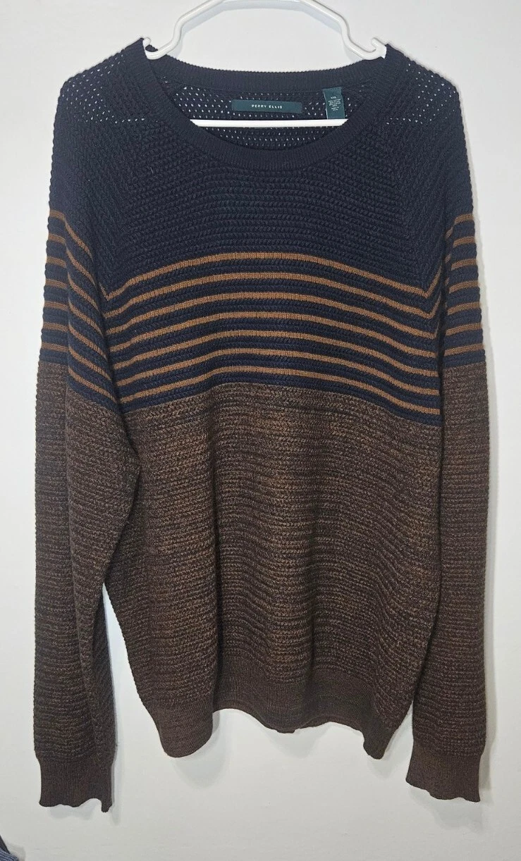 Perry Ellis Sweater Cotton Wool Rayon Striped Navy Brown XXL