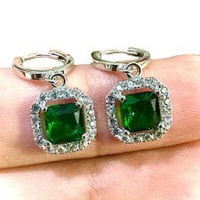 Green Emerald Dangle Drop Earrings for Women Sterling silver 925 lab-created