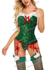 Christmas Garter Lingerie Women's Santa Costume Sexy Bustier Corset Top Bodysuit