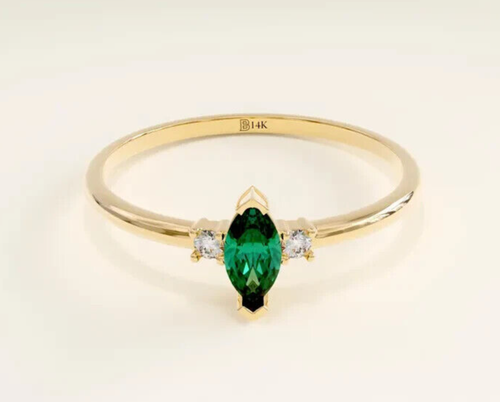 Anillo de oro amarillo macizo de 14 k marquesa esmeralda y diamantes anillo de piedra de nacimiento de mayo para mujer - Imagen 5 de 8