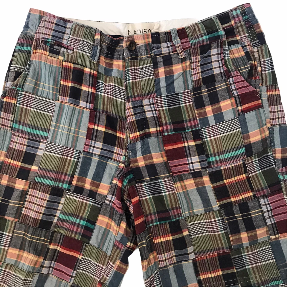 Madison Men's Size 36 Shorts Plaid Patchwork Multicolor Cotton Preppy Beach Flat - Image 2 of 4