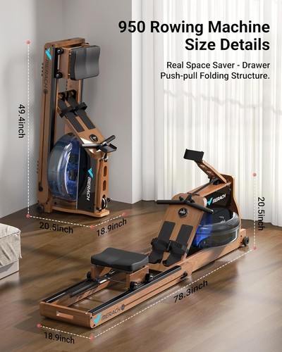 MERACH 950 Foldable Wooden Workout Rowing Machine Water Electromagnetic for Home - Picture 8 of 8