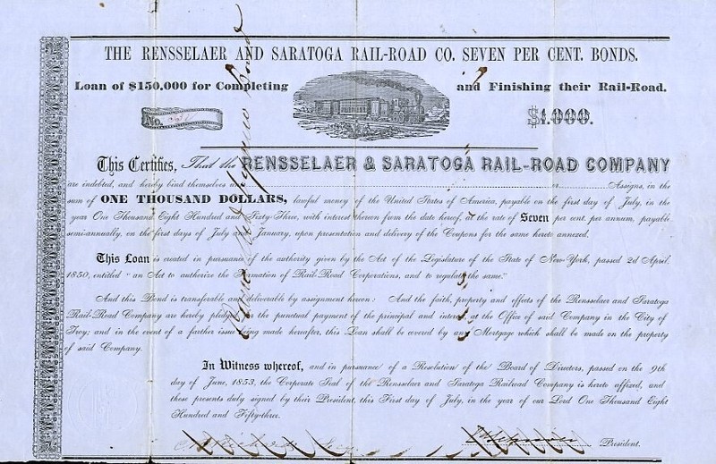 1853 Rensselaer & Saratoga RR $1000 Bond Certificate