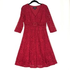 Perceptions Petite Size PS Red Lace Belted Tea Dress Romantic Holiday Cocktail