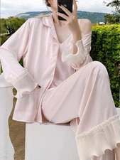 Women's Satin Pajama Set With Ruffled Cuffs And Button-Up Top