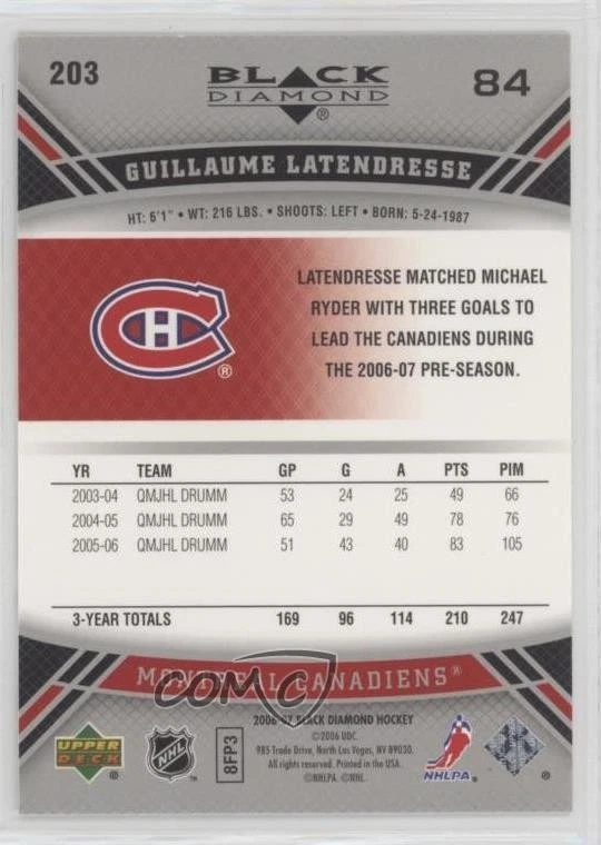 2006-07 Upper Deck Black Diamond Gems Guillaume Latendresse #203 Rookie RC - Image 2 of 2