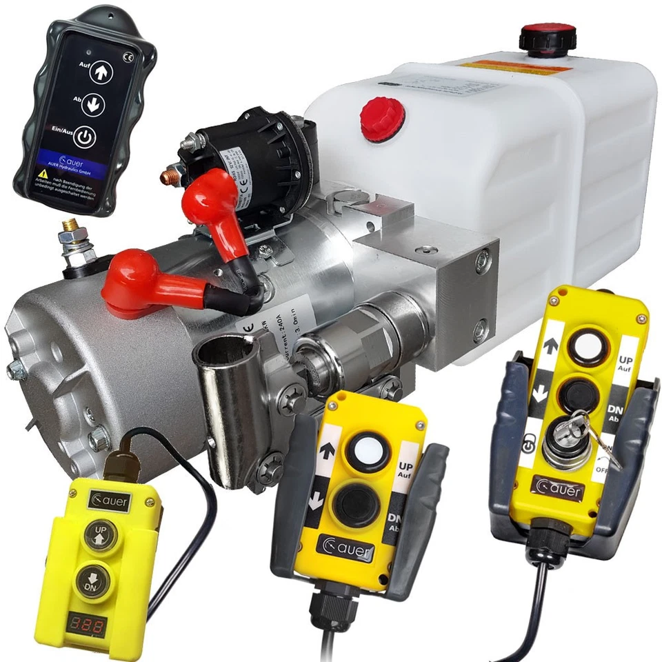 AUER HYDRAULICS 🔴24 Volt Hydraulikaggregat mit Handpumpe 180 bar 2000W für Anhänger, Kipper LKW
