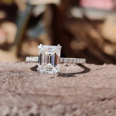 2.3 CT Emerald Cut Hidden Halo Moissanite Engagement Ring  14K White Gold Plated