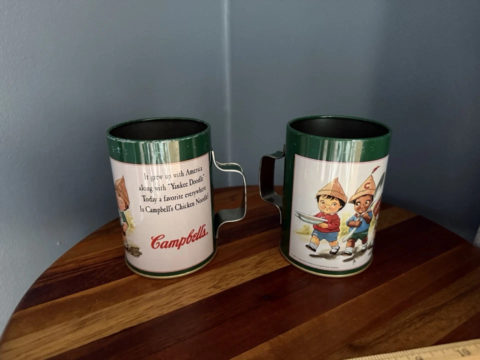 Campbell's Soup Vintage Yankeedoodle Tin Mugs Set Of 2 MCM Green - Imagem 2 de 4