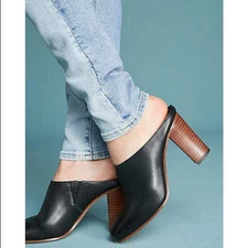 Anthropologie Botkier Sherry Mules Women 9.5 Black Nappa Leather Woodgrain Heel
