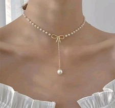 Pearl Bow Pendant Choker Necklace Gold Plated White Round Pearl Beads Metal