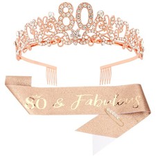 80th Birthday Decorations Set - 80th Birtday Crown and Sash Rose Gold