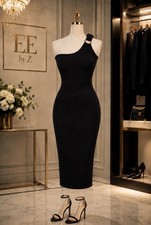 NWT DeleK Heart Women’s Black One Shoulder Midi Dress Size L Gold Ring Stretch