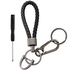 Braided Leather Keychain for Car Keys Heavy Duty Metal Ring, Gunmetal - Black