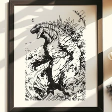 Hand Drawn (Not a Print) Godzilla Framed Pen & Ink Art Drawing