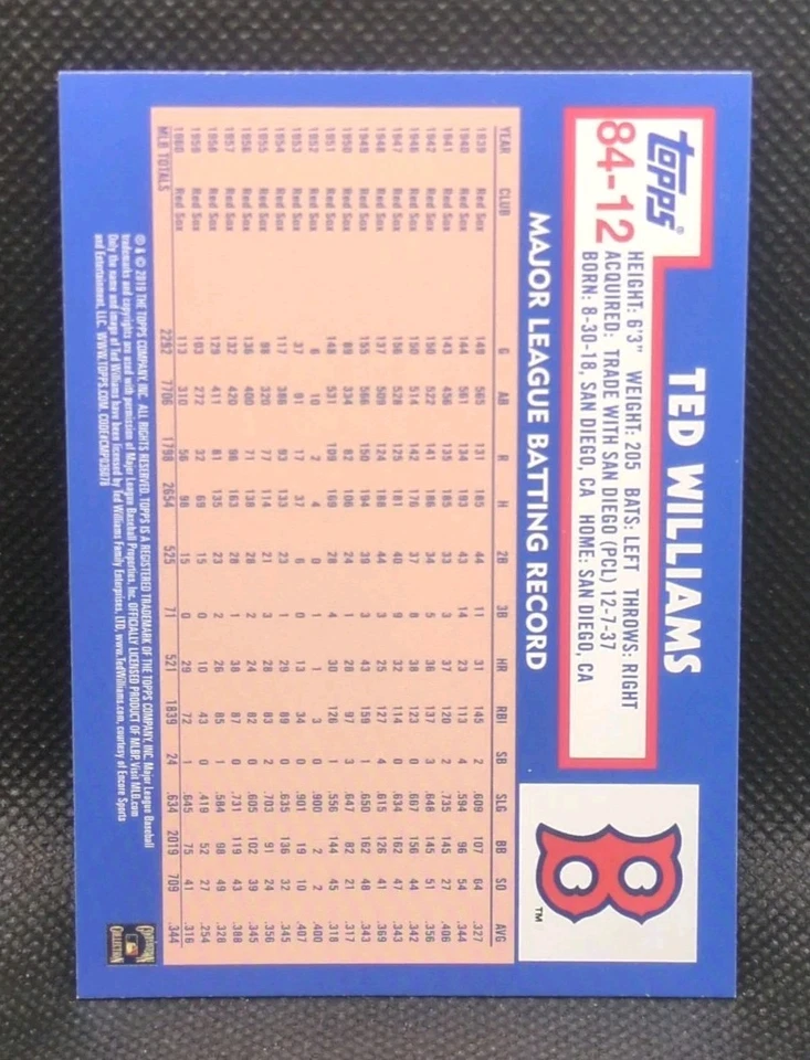 Ted Williams 2019 Topps Update 1984 35th Anniversary #84-12 Boston Red Sox - Image 2 of 2