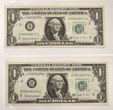 2 Consecutive 1963 B One Dollar Bills BARR NOTES  $1 UNCIRCULATED
