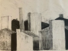 Very Pretty Engraving Lithography Art 1970 Landscape Urban Town to Identify Art