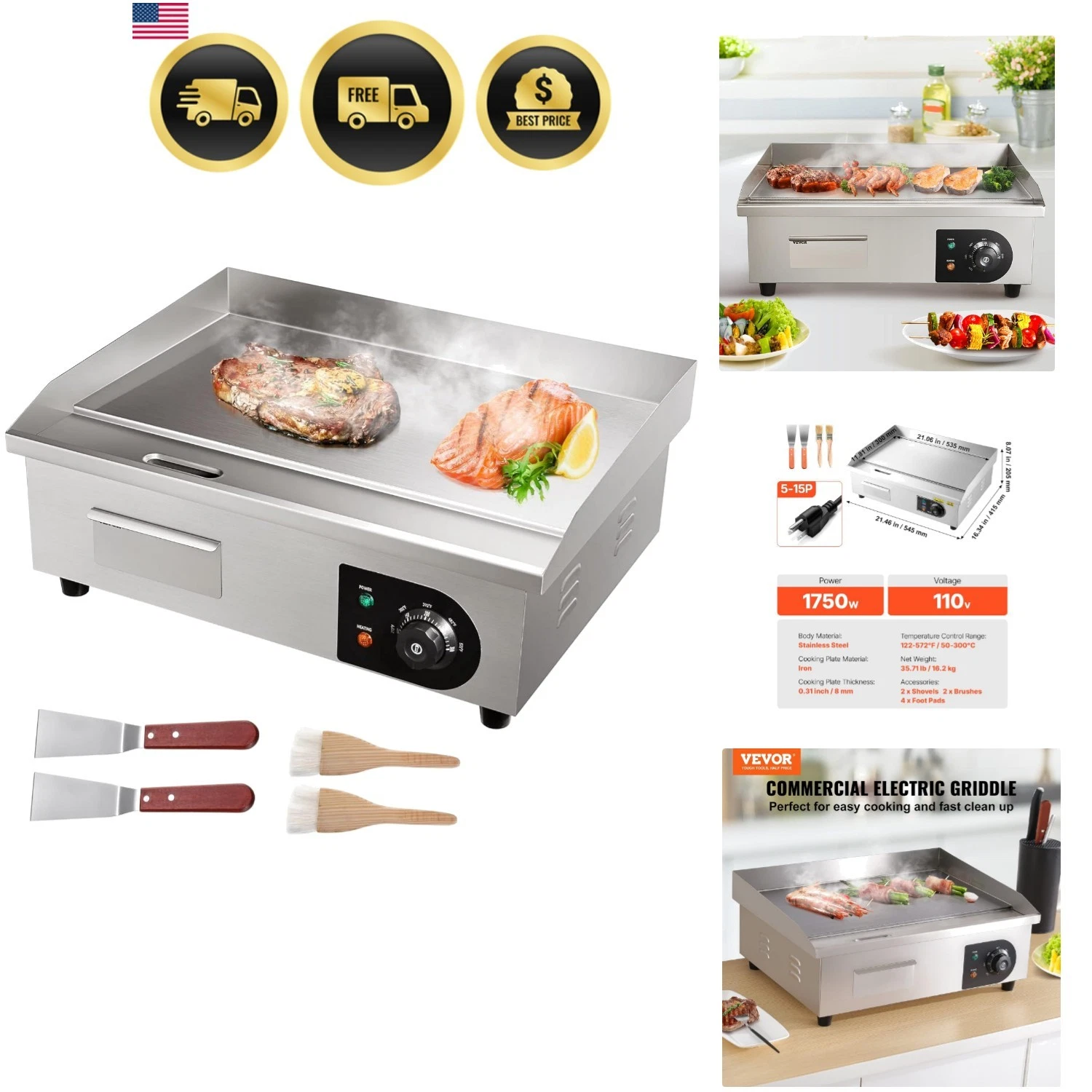 Commercial Electric Griddle, 22", 1600W Countertop Flat Top Griddle, Stainles...