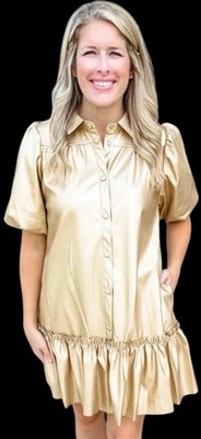 Karlie Dress-Women Sz M-Gold Metallio Leather-MED-Puff Sleeve Ruffle  Hem-NEW-297 | eBay