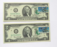 Set of 2, 1976 Series $2 Bills 2 Consecutive Serial Numbers, Downsville NY Stamp